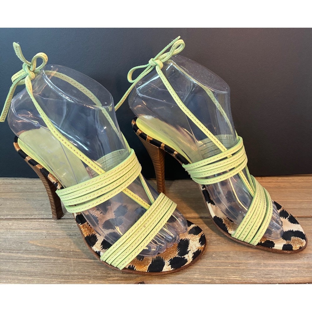Casadei Leopard Strappy Sandals Heels Womens 5.5 Green Excellent